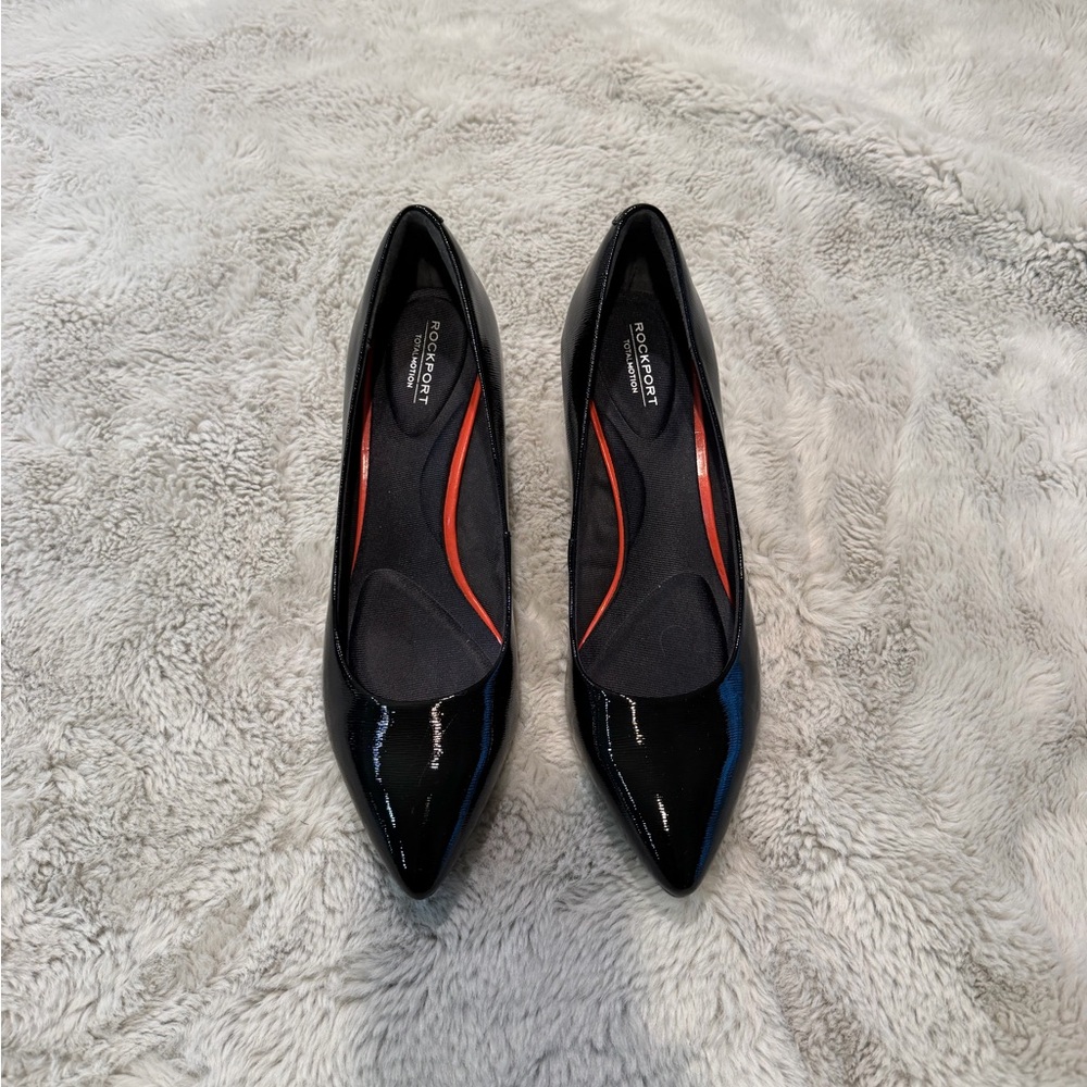 Rockport Black Patent Pointed-Toe Pumps with Red Trim
